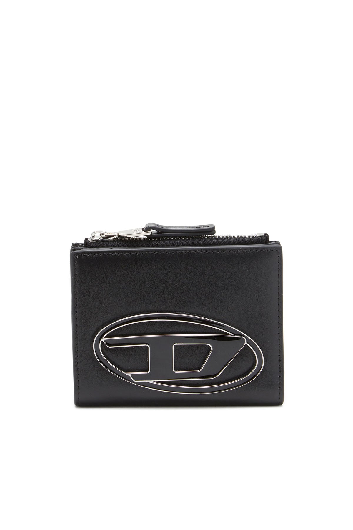 Women's Small leather wallet with logo plaque Black