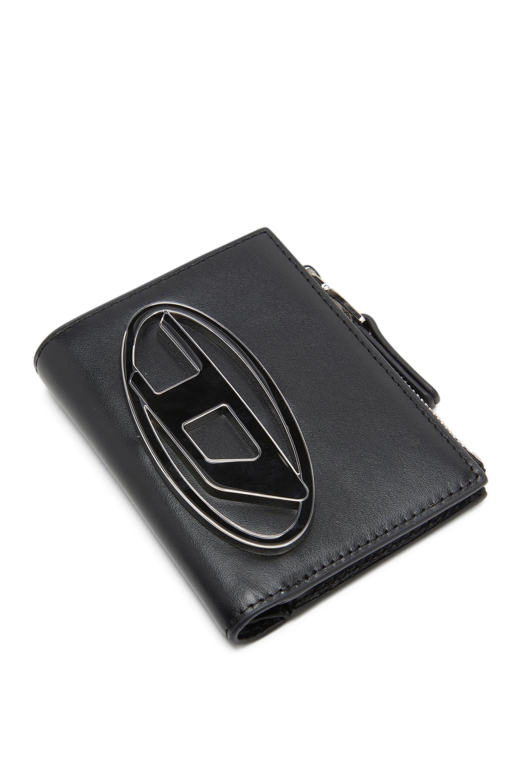 Women's Small leather wallet with logo plaque Black