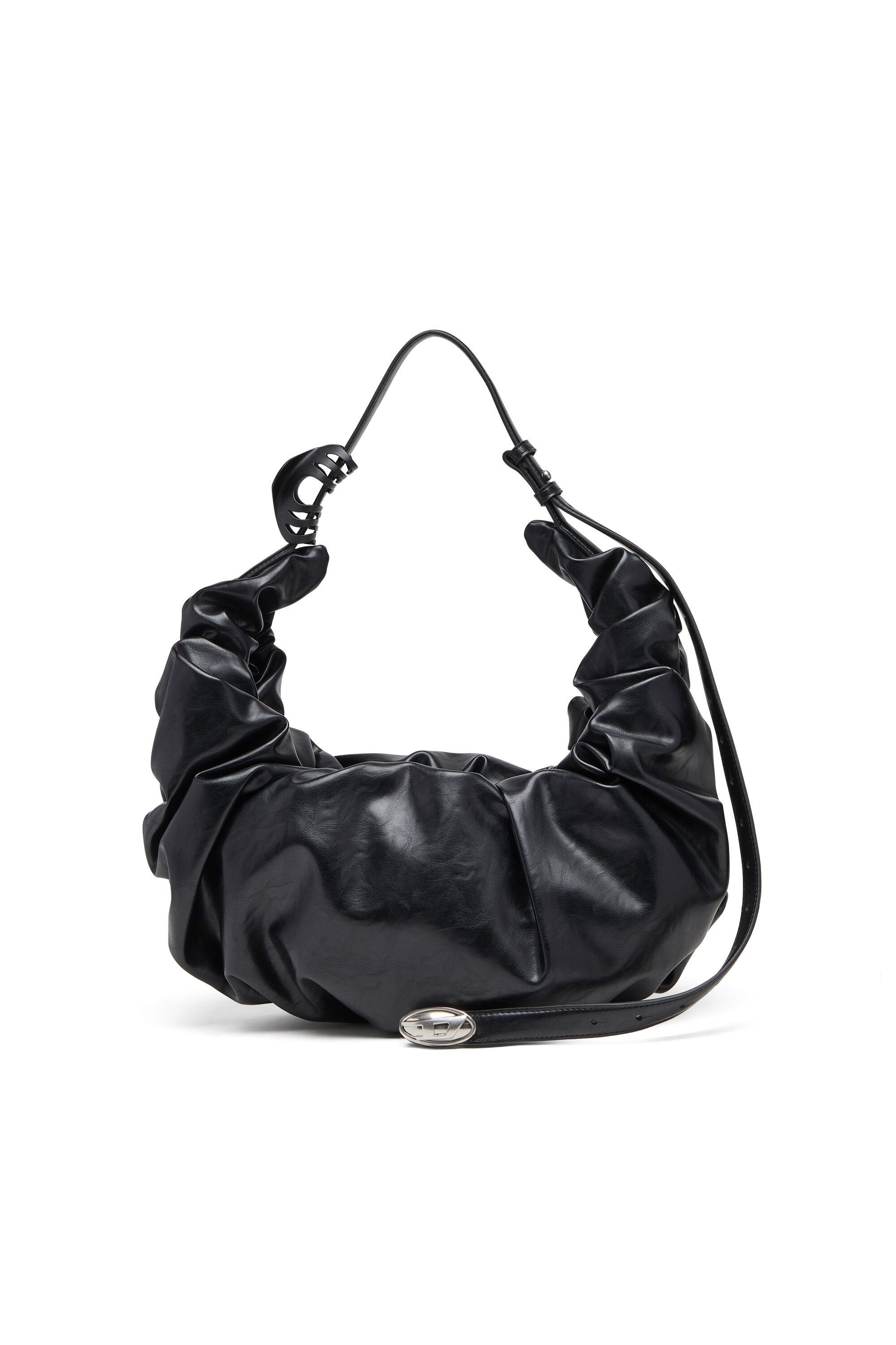 Women's Grab-D L-Large scrunched hobo bag in shiny PU Black