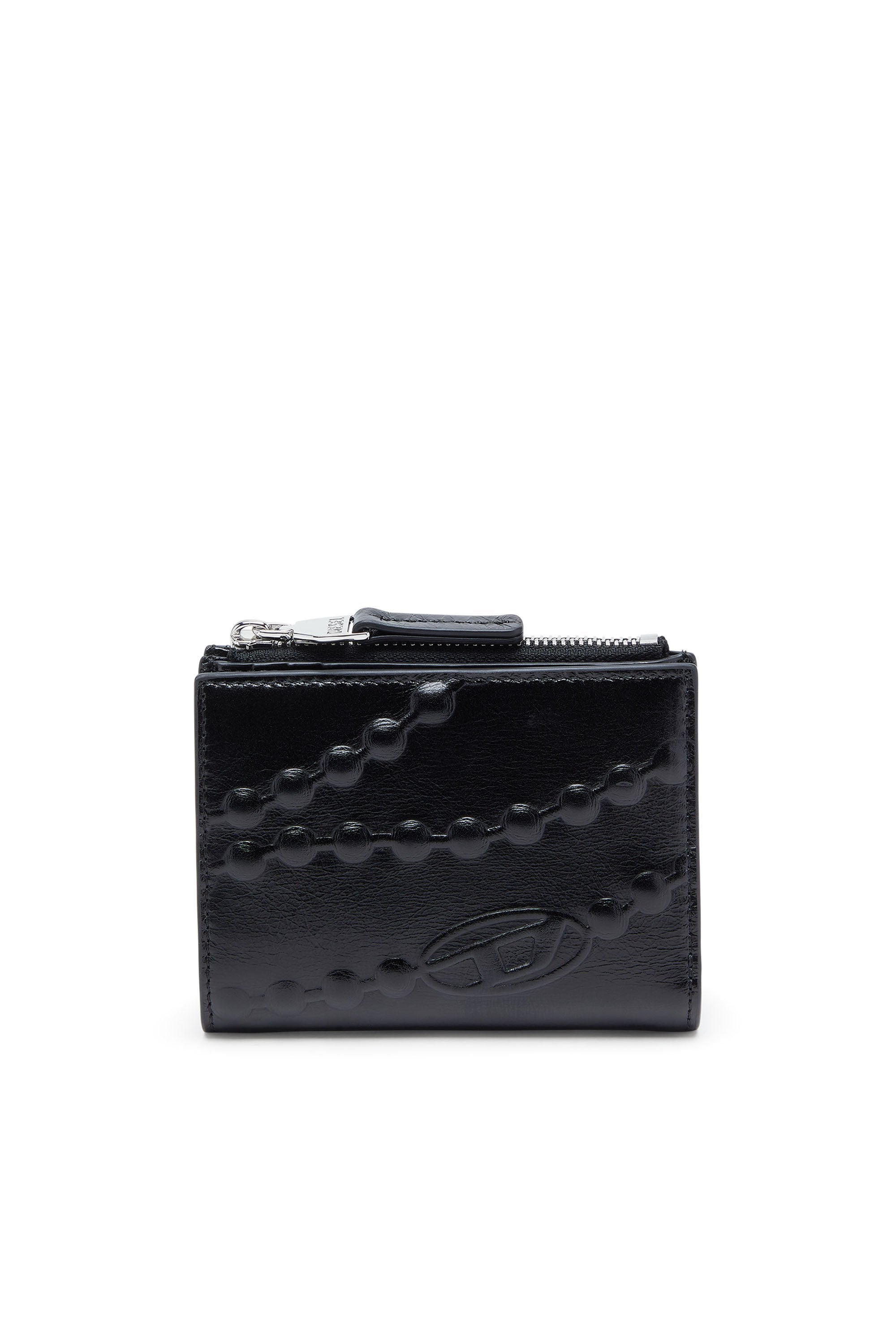 Women's Leather wallet with embossed chain motif Black
