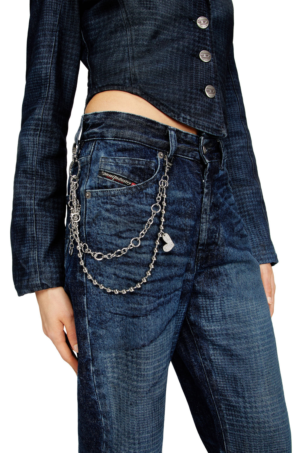 Women's Layered chain charm with heart and Diesel pendant Silver