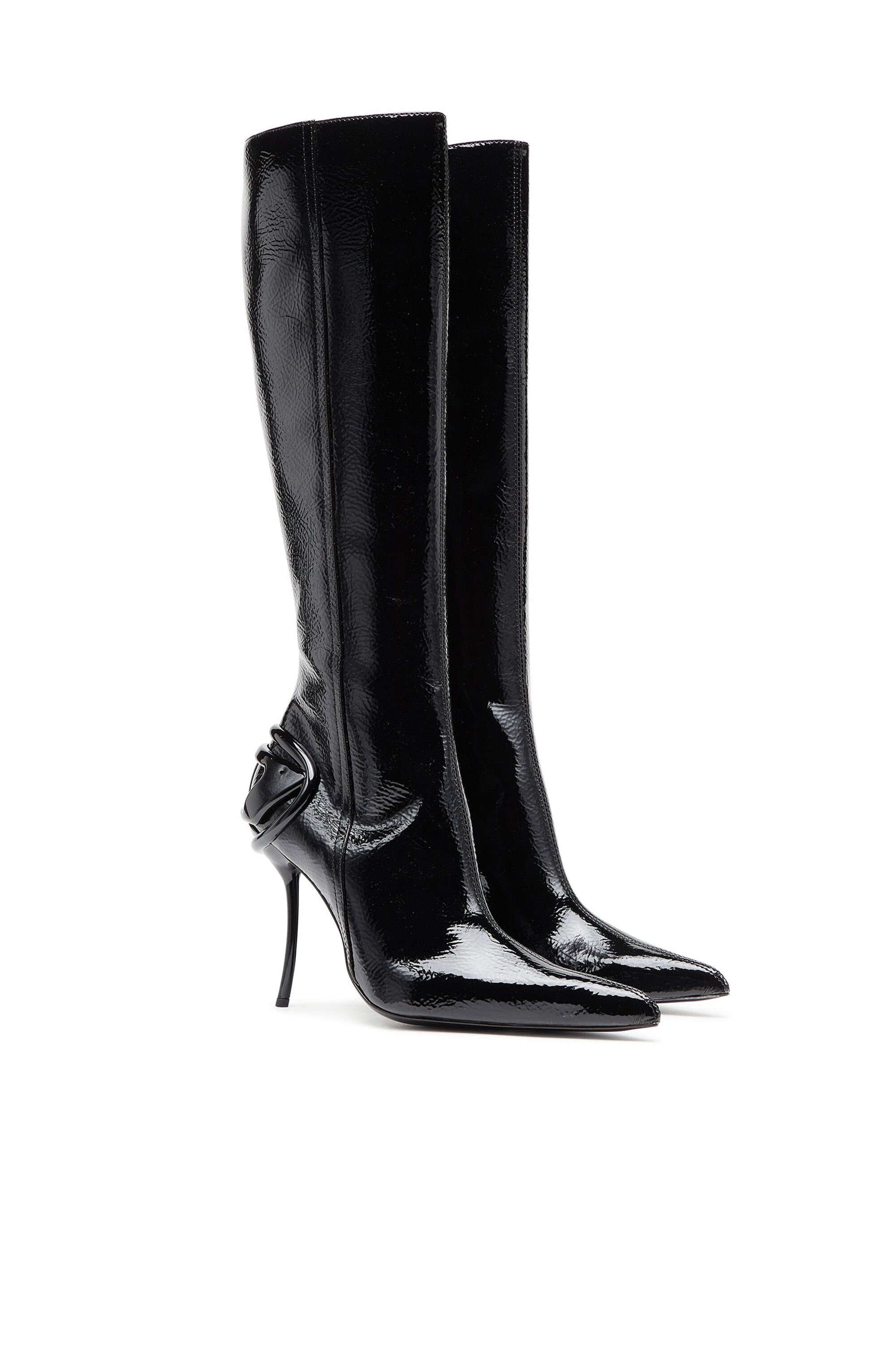 Women's D-Ten&Half-Glossy knee-high boots with curved heel Black