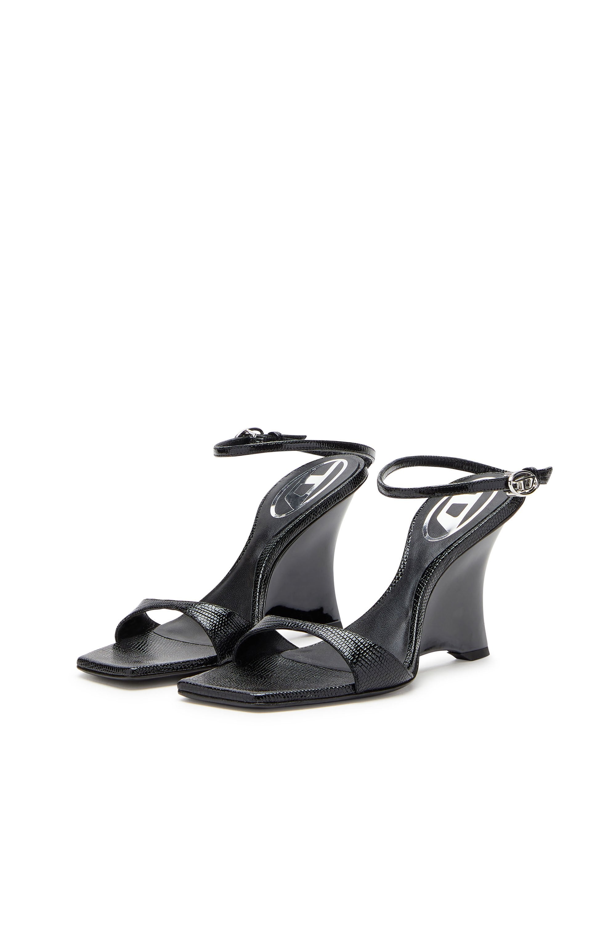 Women's D-Amber-Wedge sandals in lizard-effect leather Black