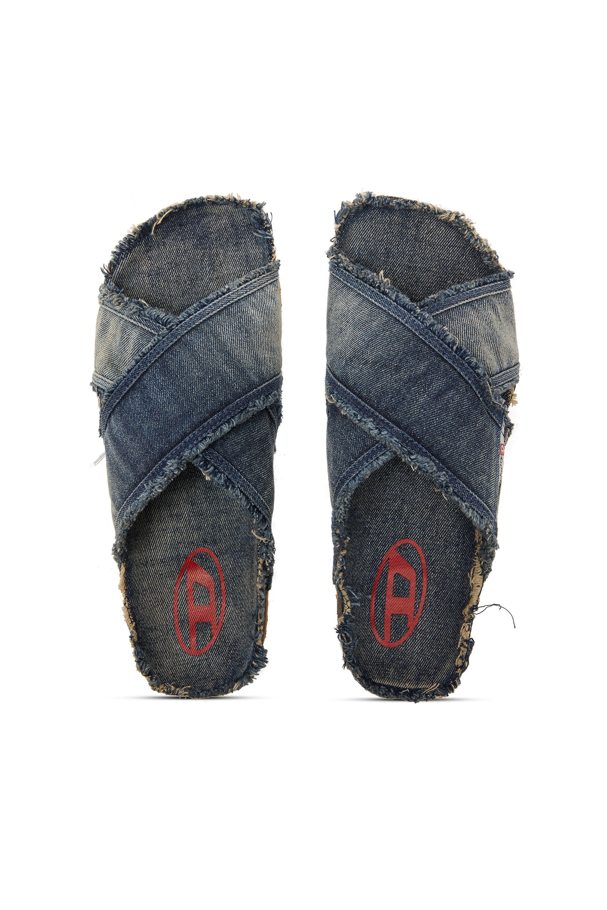 Men's D-Woodstock-Crossover slides in frayed denim Blue